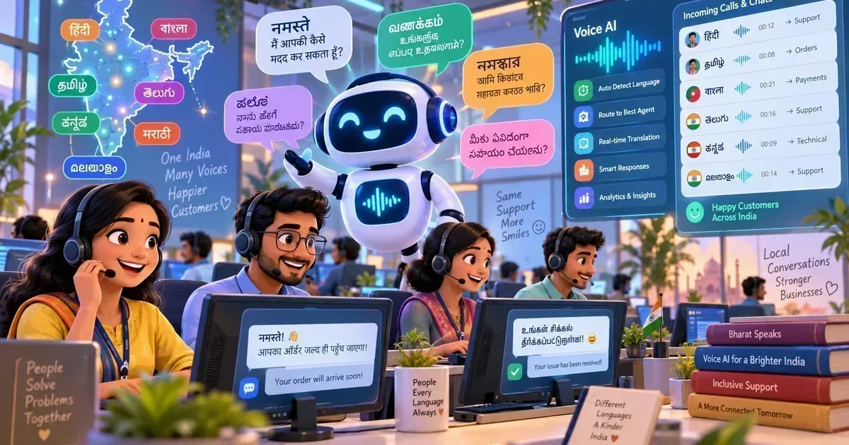 A multilingual Indian call center with smiling agents wearing headsets, a friendly robot, and screens showing AI voice support in Hindi, Tamil, Bengali, and other regional languages.