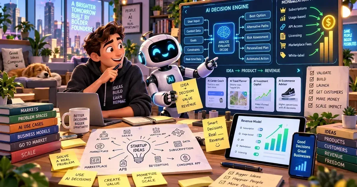 A young man and a robot review an AI decision engine flowchart, startup idea diagrams, and revenue model charts in a modern office.