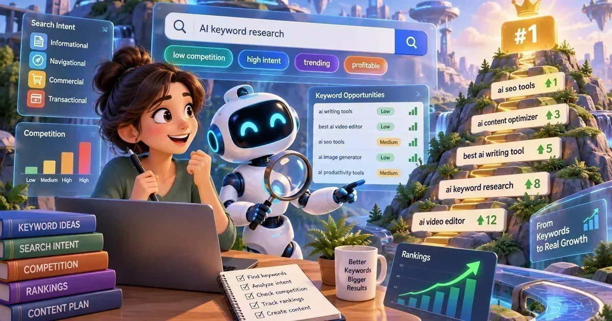 A woman and a robot analyze AI keyword research on floating dashboards, with a path climbing toward a number one ranking.
