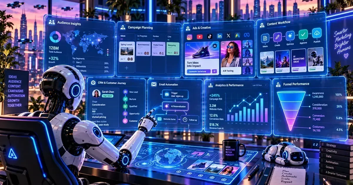 A humanoid robot interacts with a holographic marketing dashboard displaying audience insights, campaign planning, email automation, and funnel performance metrics.