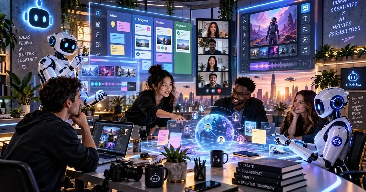A diverse team and two robots collaborate in a futuristic office with holographic project boards, a video call, and a glowing globe.