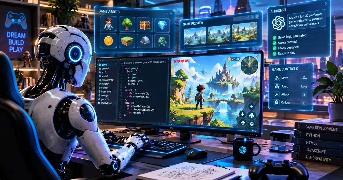 A humanoid robot sits at a desk coding a 2D platformer game, surrounded by holographic UI panels displaying game assets, code, and AI prompts.
