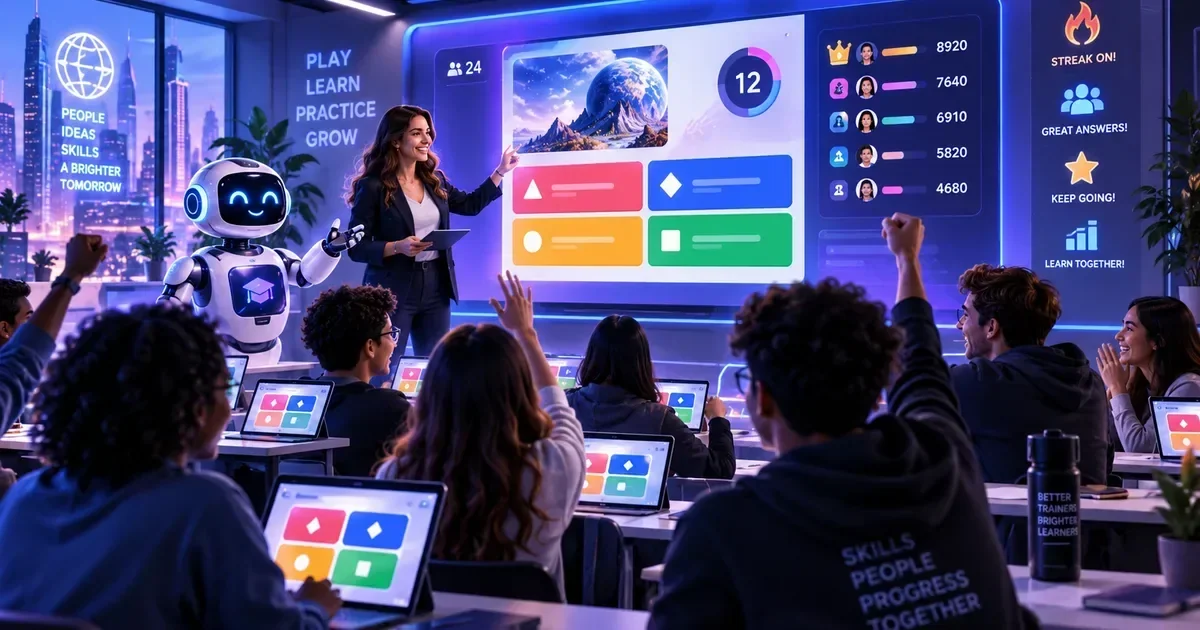 A humanoid robot and a female instructor present a colorful quiz interface on a large screen to a classroom of students using laptops.