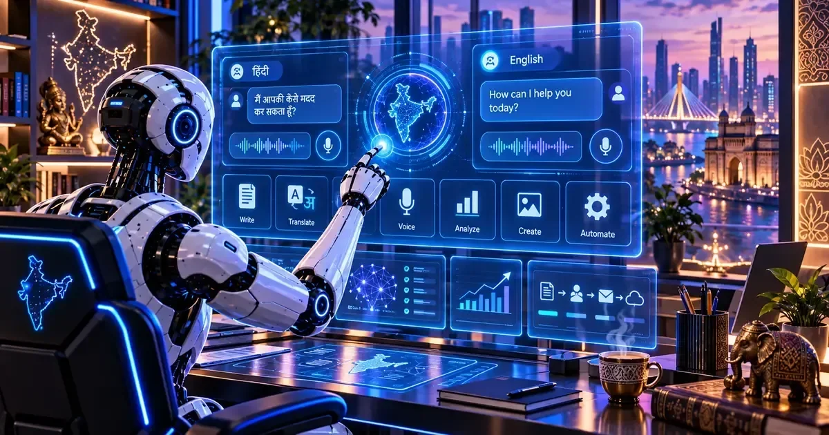 A humanoid robot interacts with a glowing blue holographic interface displaying Hindi and English AI chat prompts, a map of India, and tool icons in a room overlooking a city skyline.