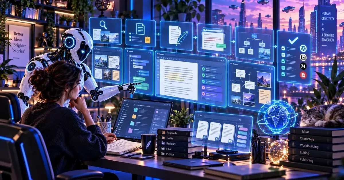 A woman writes at a desk while a robot points to glowing workflow screens showing documents, images, and publishing icons.