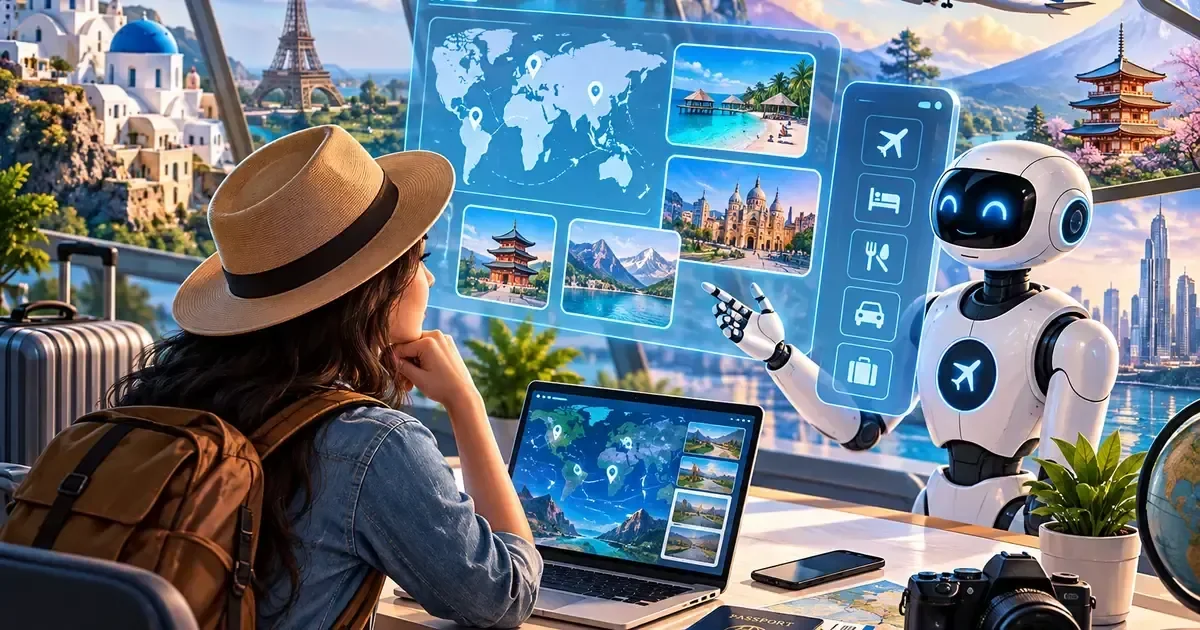 Traveler in a hat and backpack watches a robot point at a floating blue interface with a world map, destination photos, and travel icons.