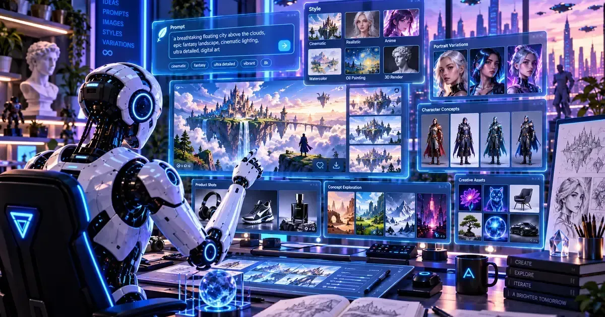 A humanoid robot sits at a desk with glowing blue screens displaying AI-generated fantasy landscapes, character portraits, and product shots.