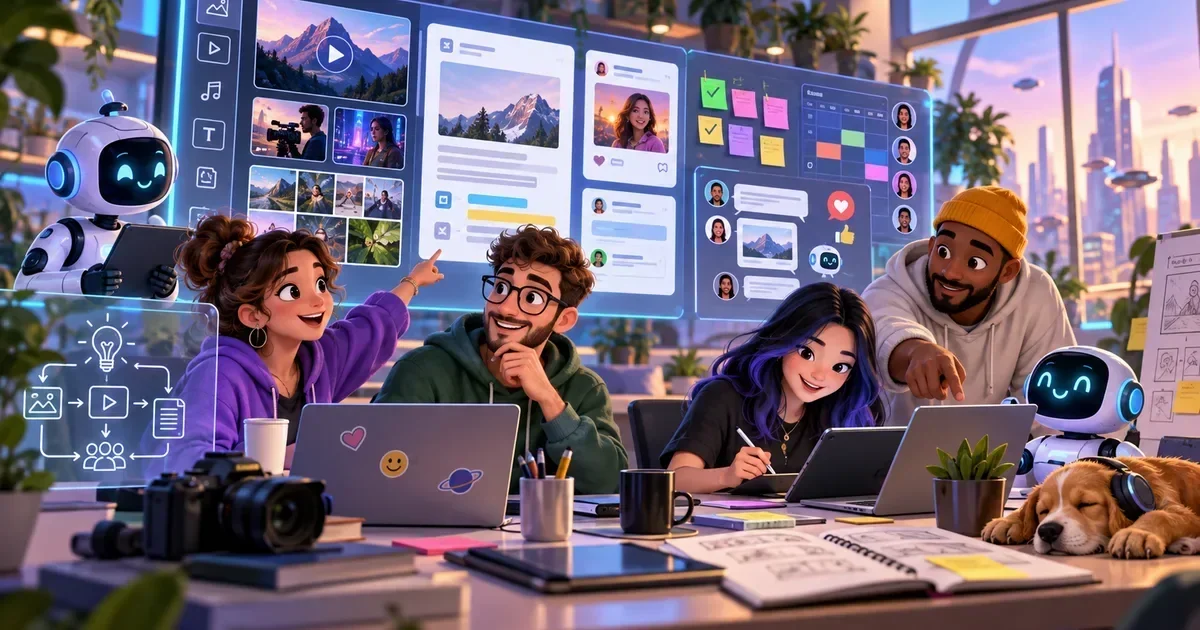 A diverse creative team and two robots collaborate around laptops and a large screen displaying video, photo, and social media content in a futuristic office.