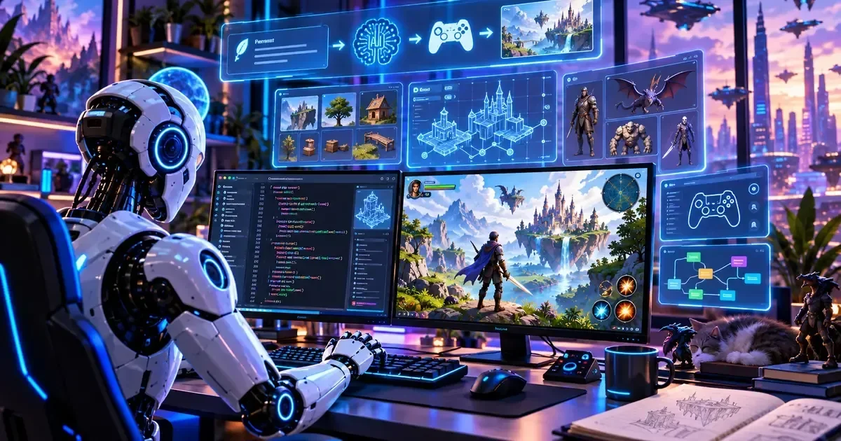 A humanoid robot sits at a dual-monitor desk coding beside a fantasy game screen, surrounded by floating AI game-design interface panels.