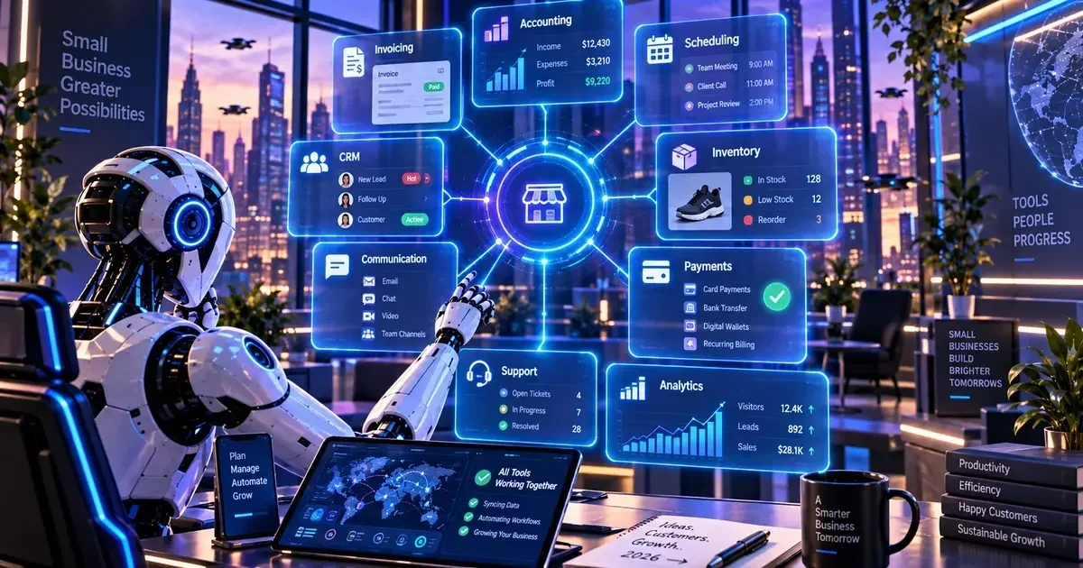 A humanoid robot at a desk interacts with floating holographic panels showing CRM, accounting, inventory, and scheduling software modules above a city skyline.