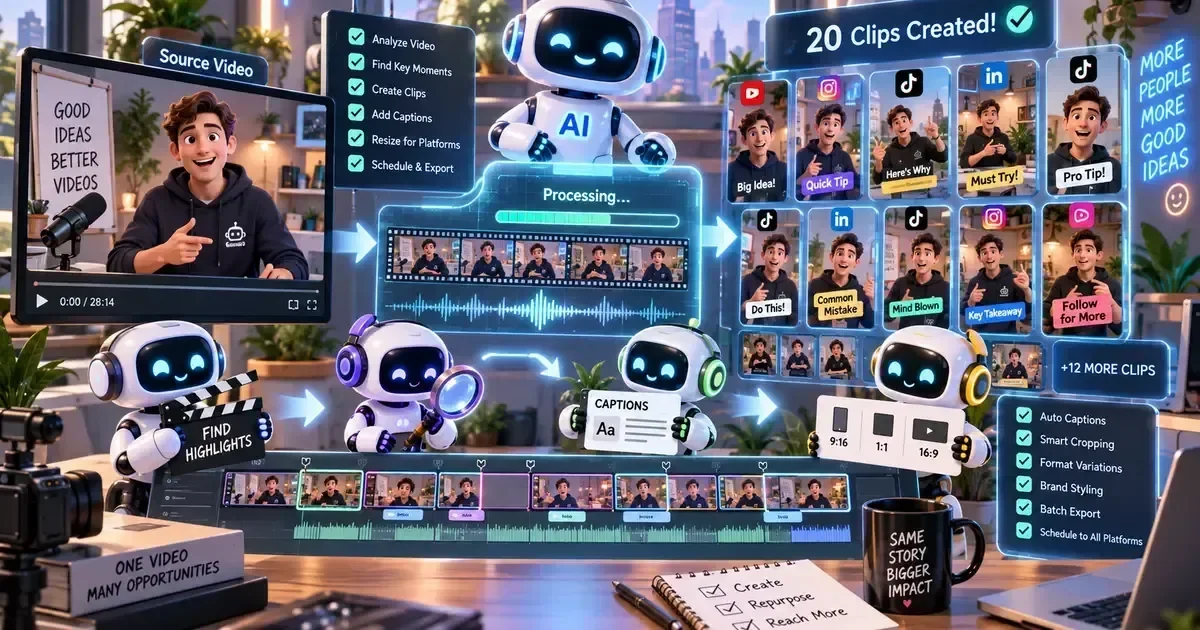 An AI robot assistant turns a 28-minute source video into 20 captioned vertical clips for TikTok, Instagram, and LinkedIn on a desktop editing interface.