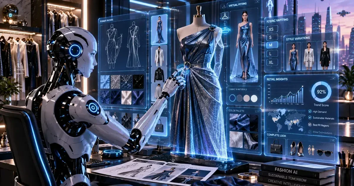 A humanoid robot interacts with holographic screens displaying a shimmering one-shoulder dress, fabric swatches, and retail analytics in a fashion design studio.