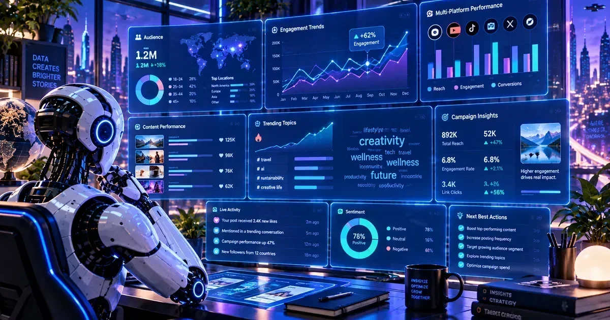 A humanoid robot sits at a desk analyzing multiple glowing social media analytics dashboards showing audience, engagement, and campaign metrics.