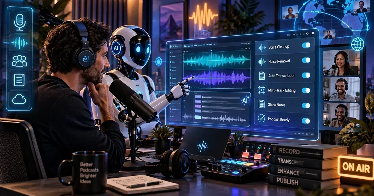 Podcaster with headphones and mic beside a robot pointing at a screen showing waveform editing, voice cleanup, and transcription toggles in a studio.
