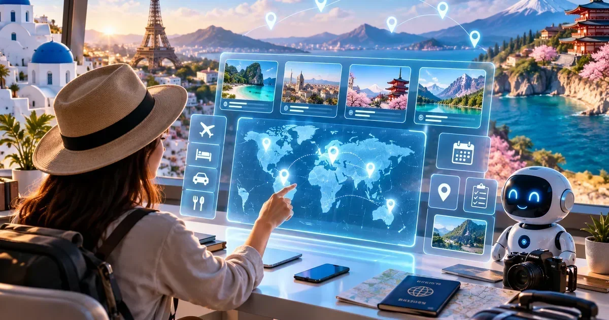 A woman in a sun hat points at a glowing world map on a screen showing destination photos and travel icons, with a small robot beside her.