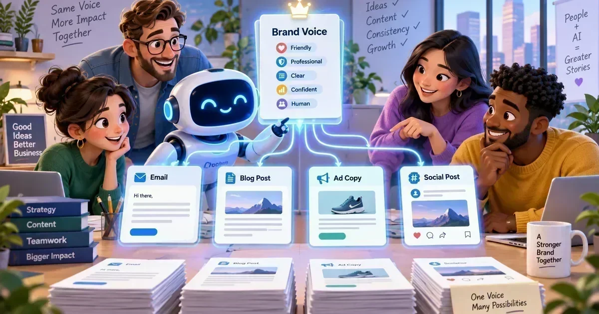 A smiling robot links a Brand Voice panel to Email, Blog Post, Ad Copy, and Social Post cards while four diverse coworkers watch in a bright office.