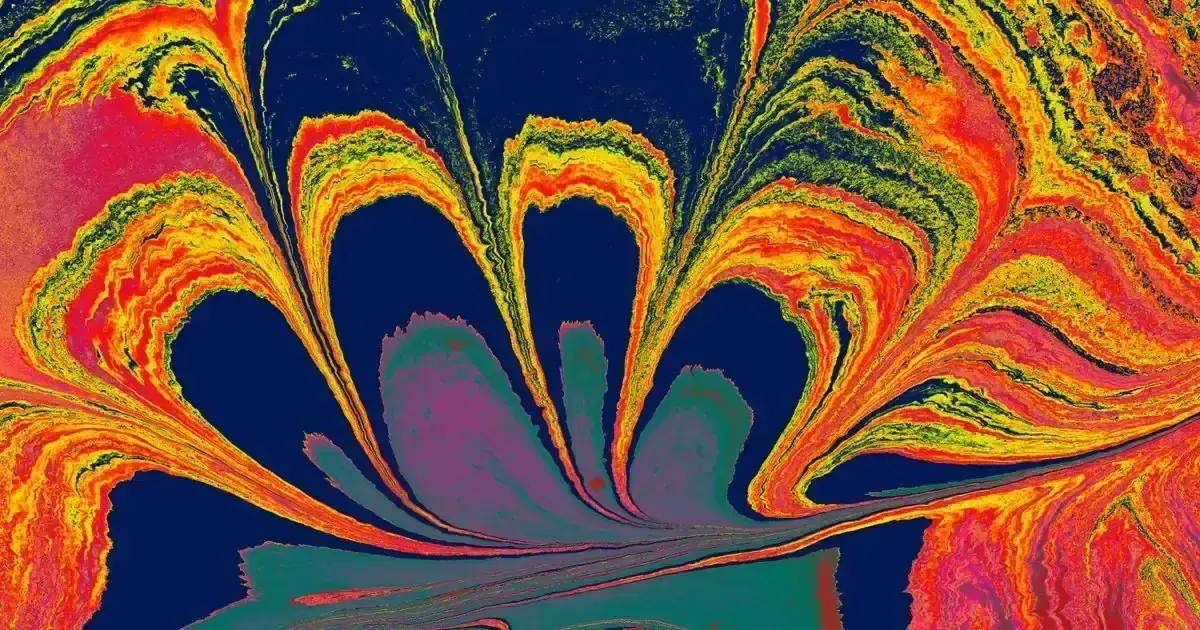Abstract fluid art with swirling orange, yellow, and red marbled patterns forming arching peaks against a deep navy blue background.