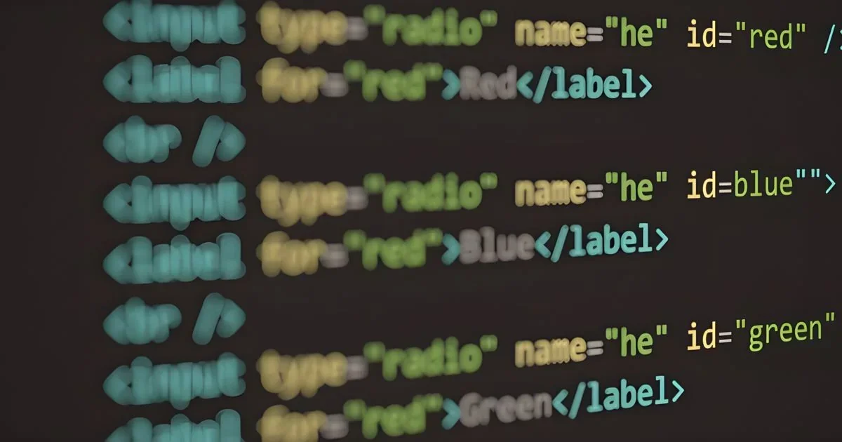 Blurred HTML code showing radio input tags and labels for red, blue, and green options on a dark background.