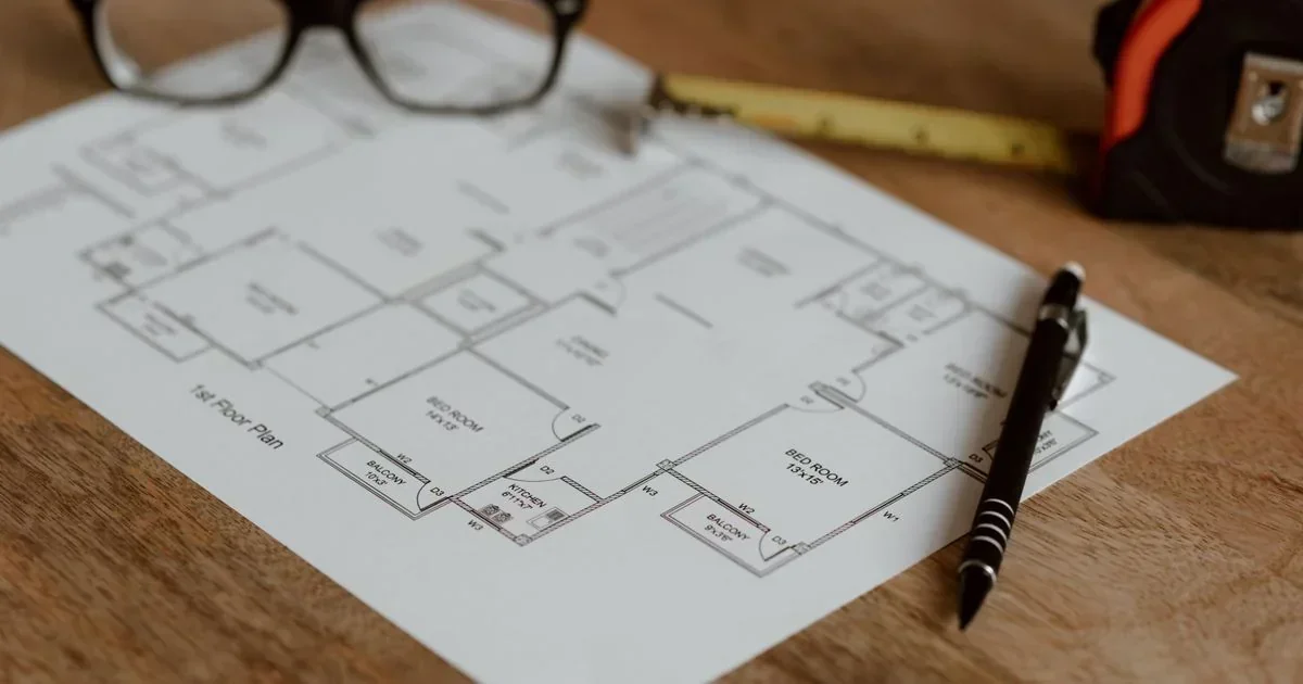 A 1st floor plan blueprint on a wooden desk with a black pen, glasses, ruler, and tape measure.