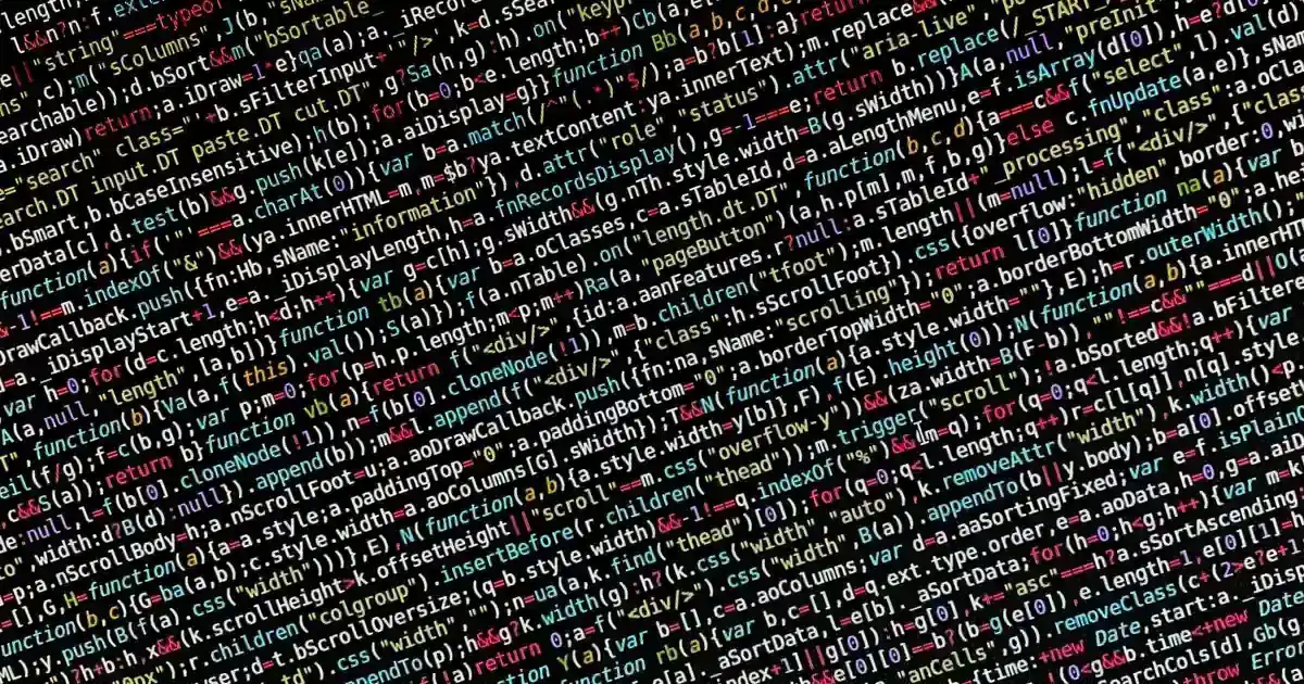 A dense wall of multicolored JavaScript code and DOM manipulation functions displayed on a black background.