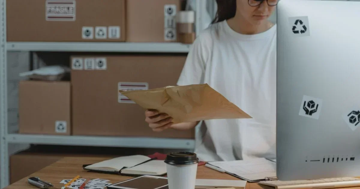 A woman examines a brown paper mailer at a desk with a coffee cup, notebook, and computer, with shipping boxes on shelves behind her.