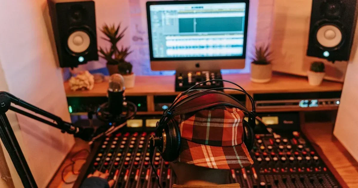 A person in a plaid cap and headphones sits at a mixing console facing a studio monitor displaying audio tracks, flanked by speakers and microphones.