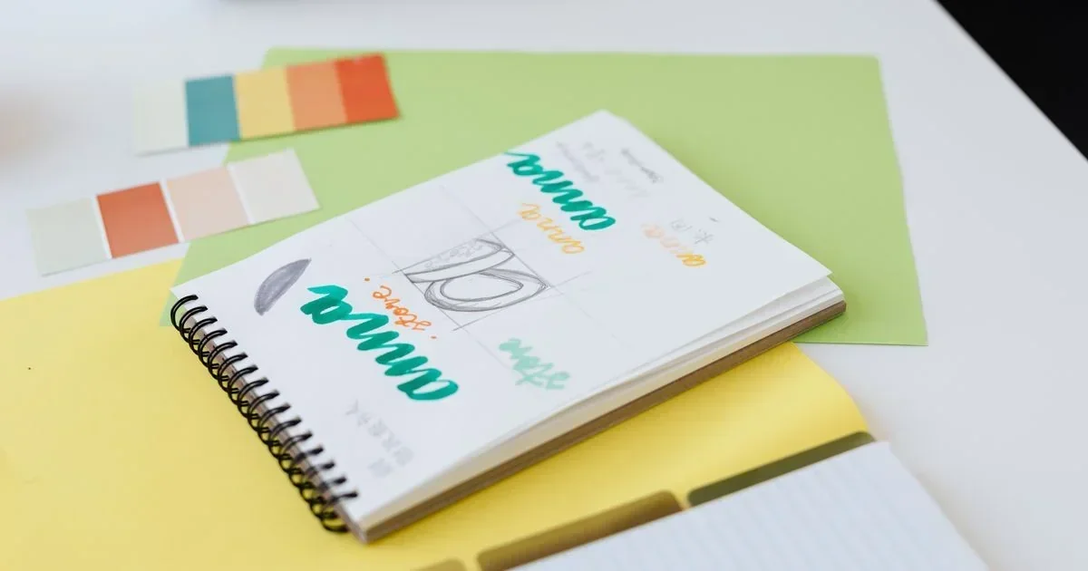 Spiral notebook with sketched logo concepts and color swatches on yellow and green paper for brand design.