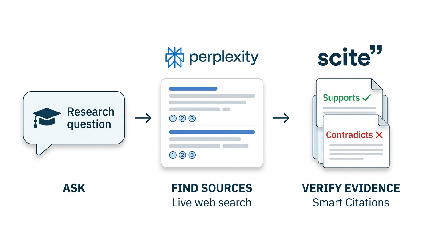 Three-stage research workflow showing Perplexity AI finding sources and Scite verifying citations
