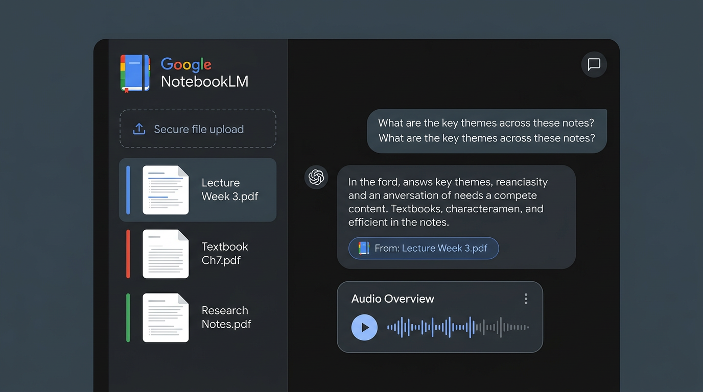 Google NotebookLM dark-mode interface showing PDF uploads and a sourced chat response