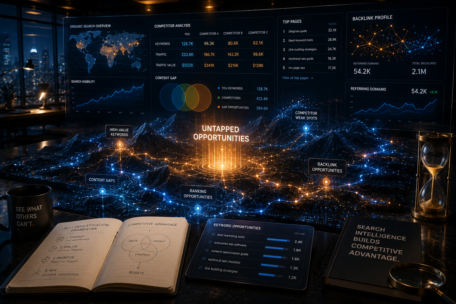 Ahrefs search intelligence platform showing Site Explorer backlink data and keyword research dashboard