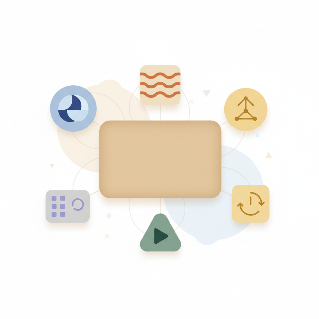 All-in-one AI marketing platform — tool consolidation Flat illustration of five abstract content app tiles collapsing into one unified workspace, representing the consolidation of disconnected marketing tools.