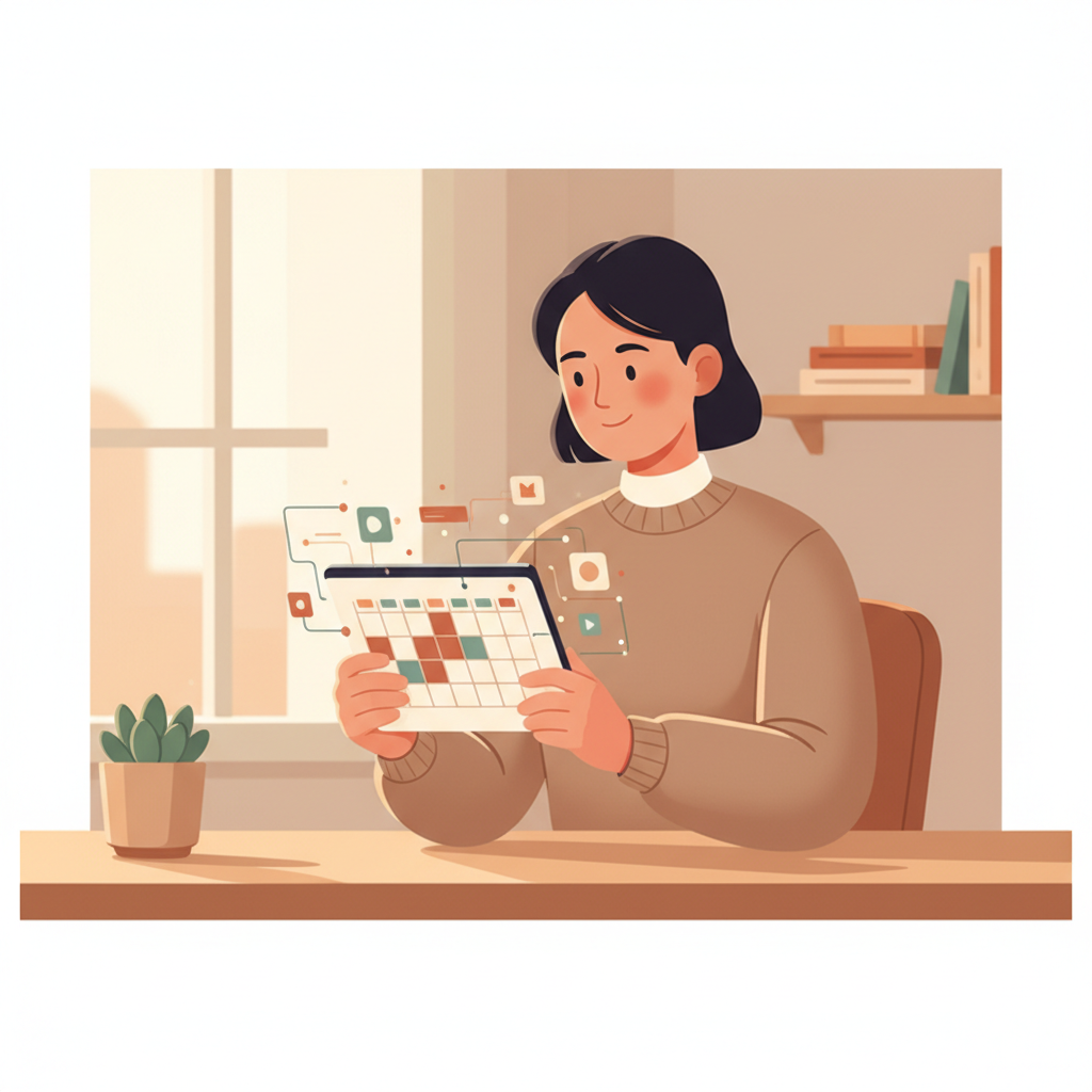 All-in-one AI marketing platform — unified scheduling workflow Illustration of a marketer reviewing a content scheduling calendar on a tablet, with floating app icons indicating cross-channel publishing.