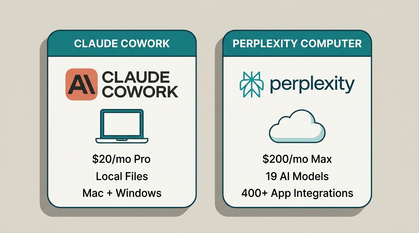 Side-by-side comparison cards: Claude Cowork at $20/mo with local file access versus Perplexity Computer at $200/mo with 19 AI models