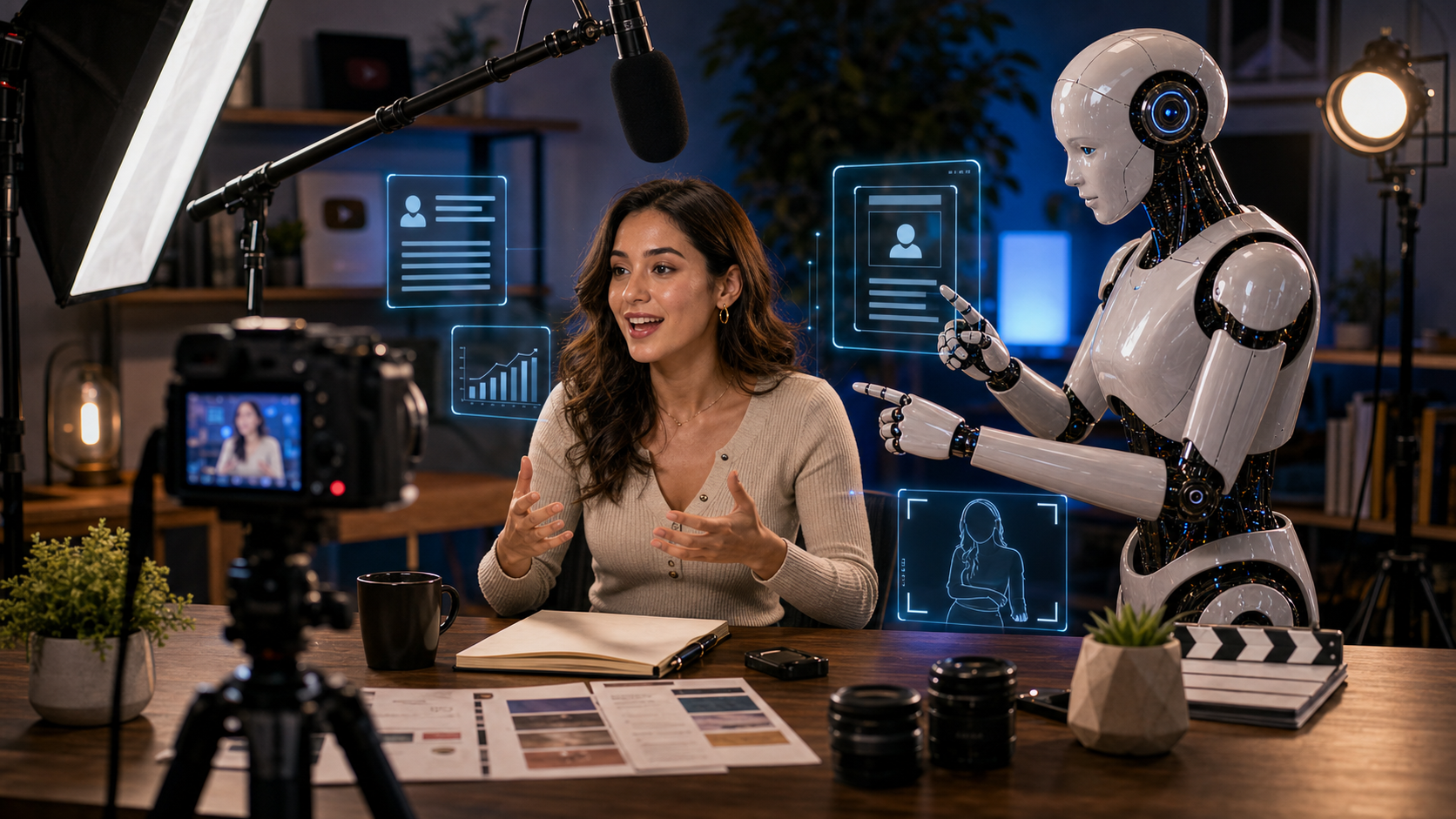 AI robotic director helping a creator improve camera framing posture and studio recording quality