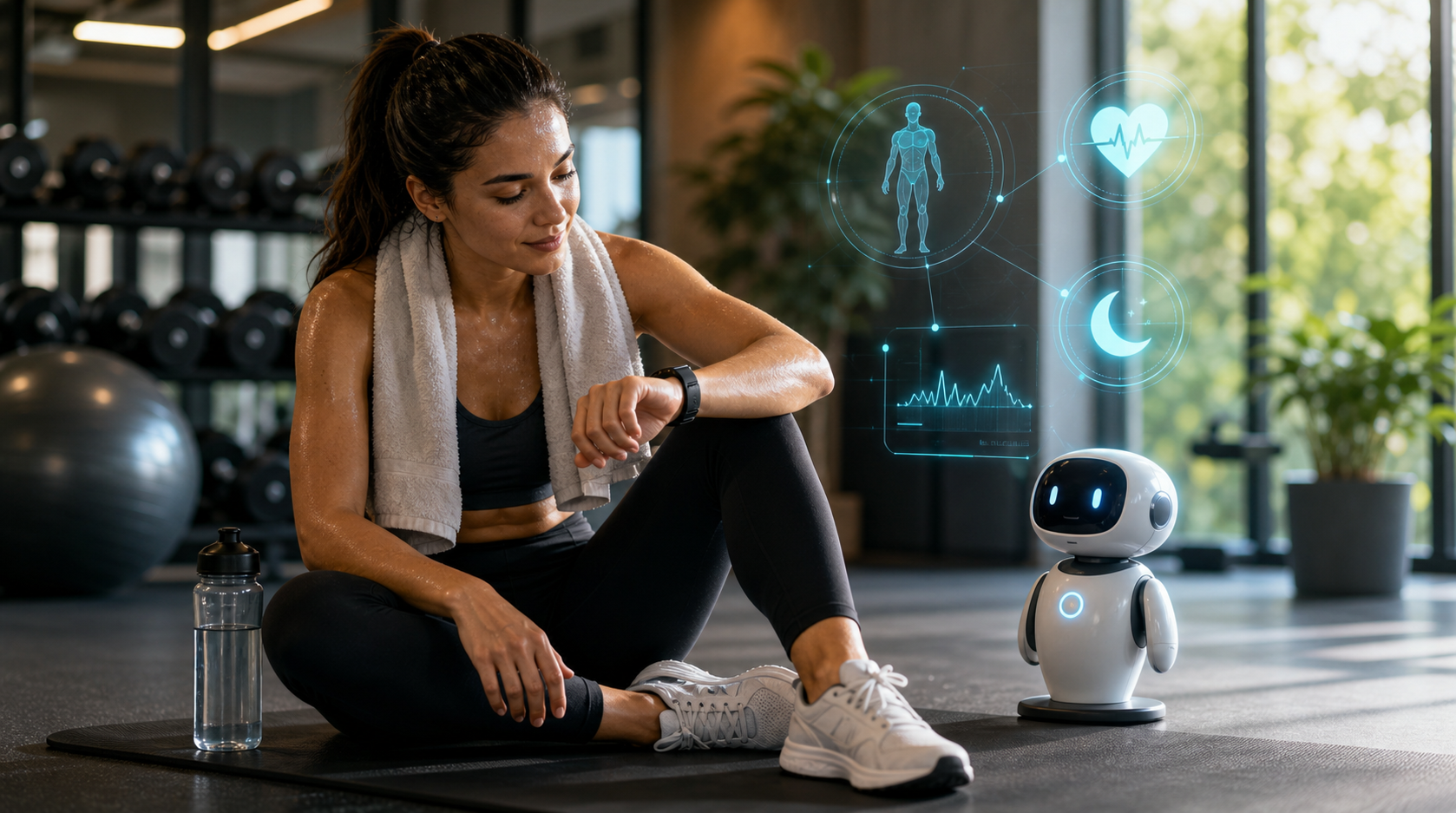 AI fitness recovery scene with wearable health tracking and a robotic coaching assistant