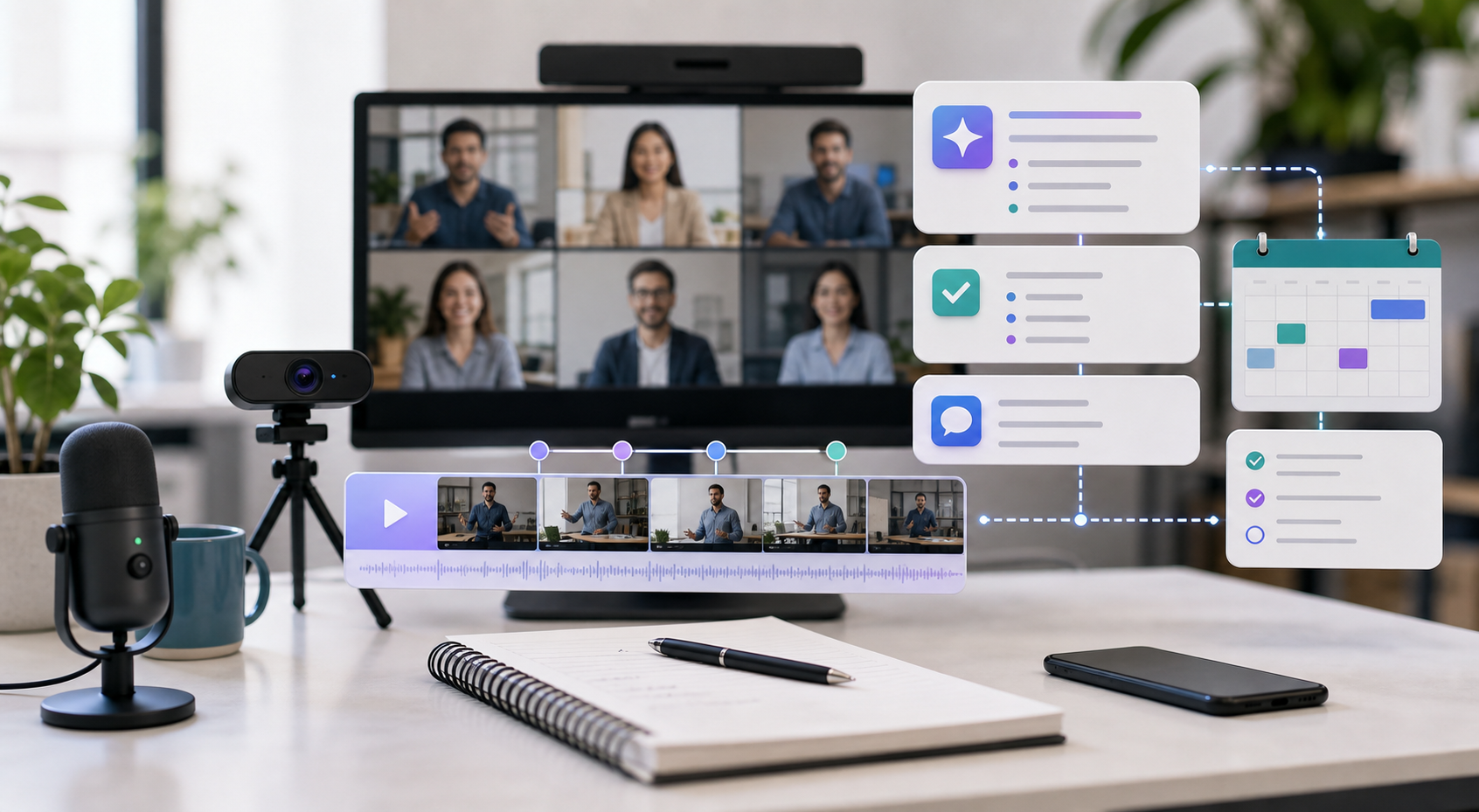 Zoom meeting and Loom async video workflow with camera microphone recording timeline AI summaries and action items