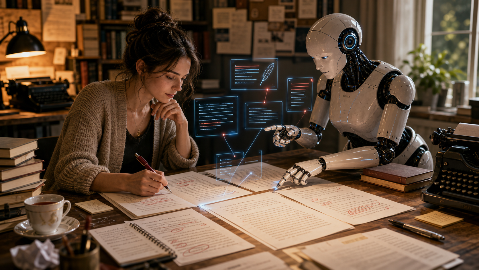 AI robotic editor helping revise manuscript pages and improve writing quality