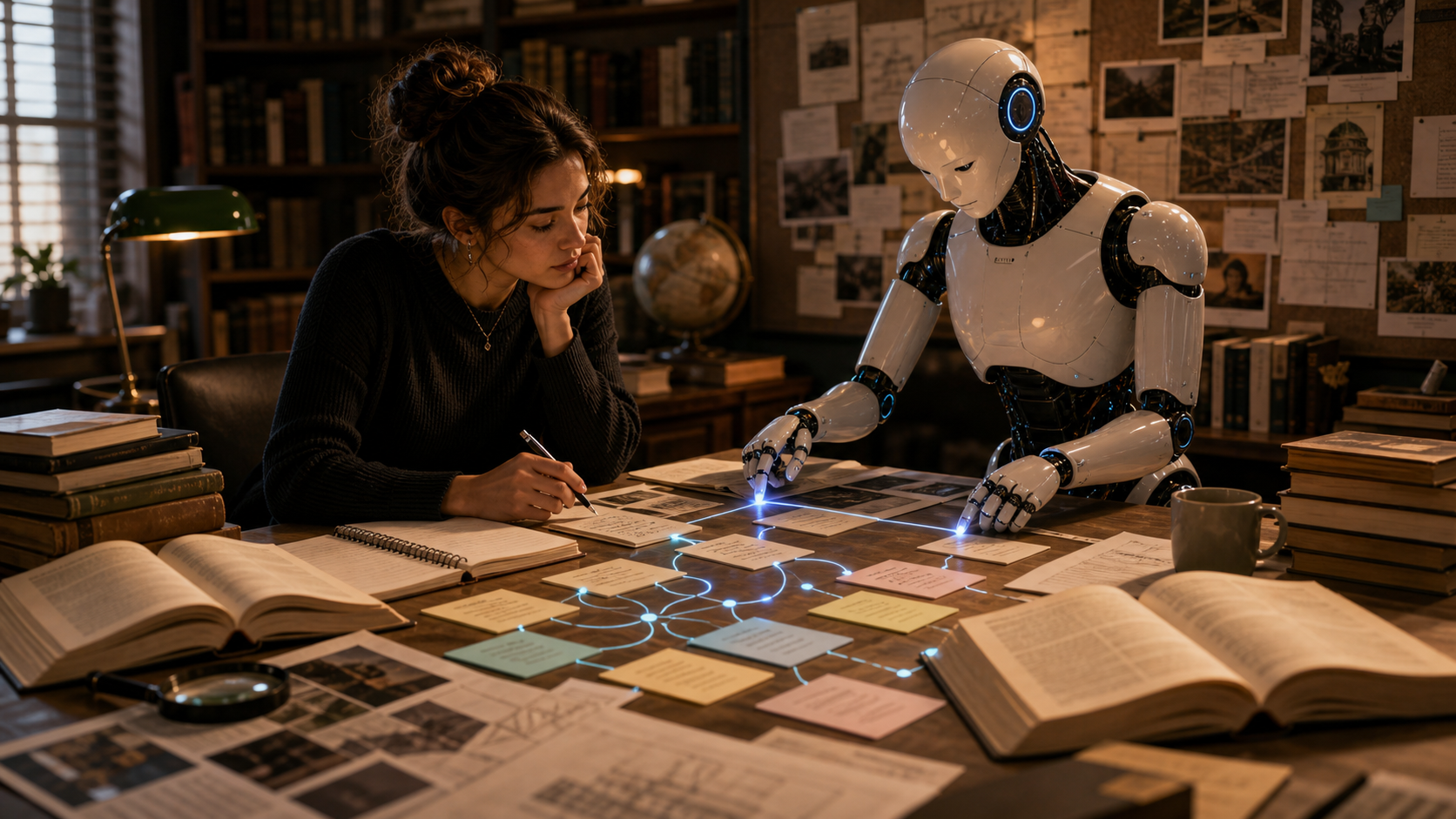 AI research assistant helping a writer organize sources outlines and topic clusters