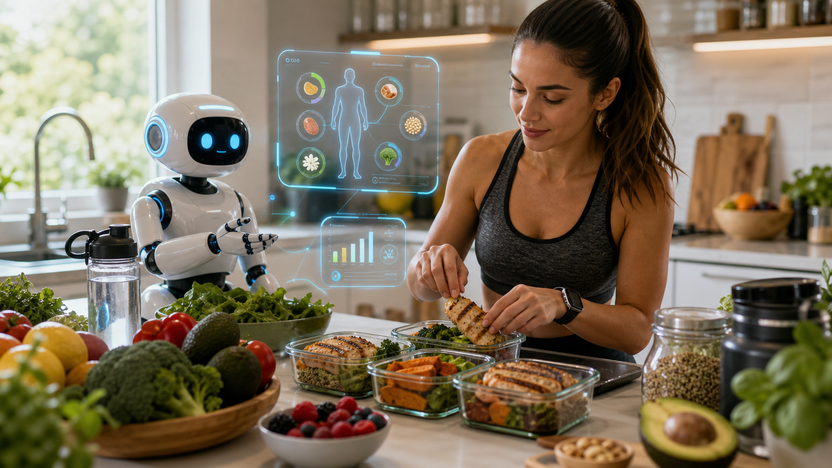 AI-assisted fitness nutrition planning with healthy meal prep and a small robotic helper