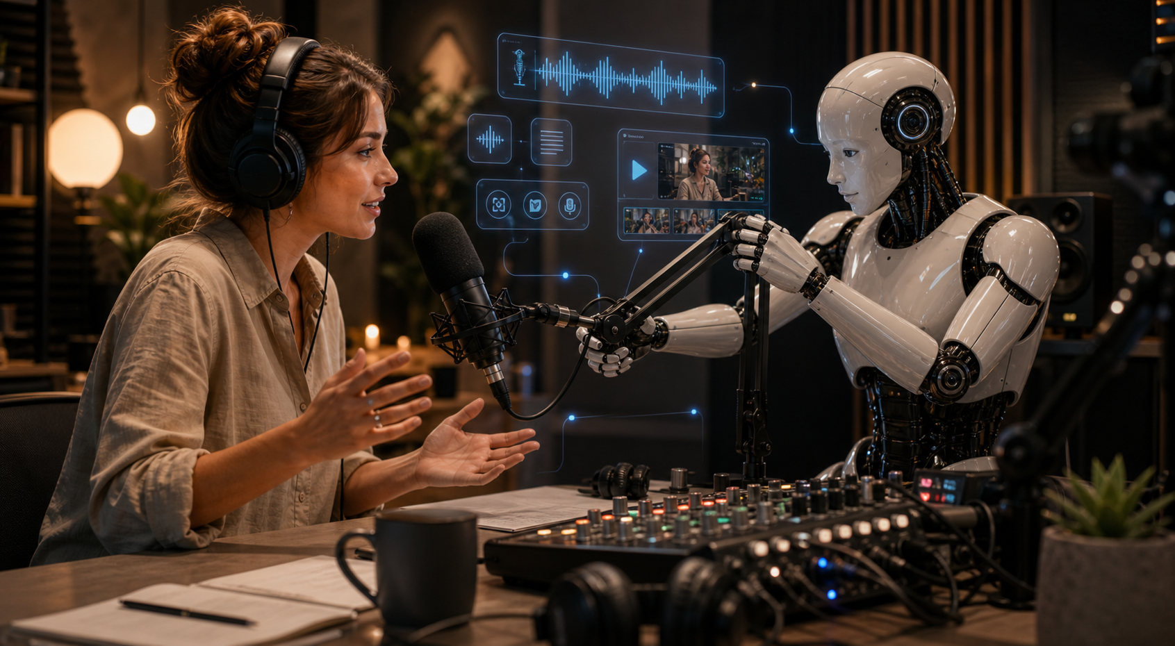 AI robotic assistant helping record and improve a podcast episode in a professional studio