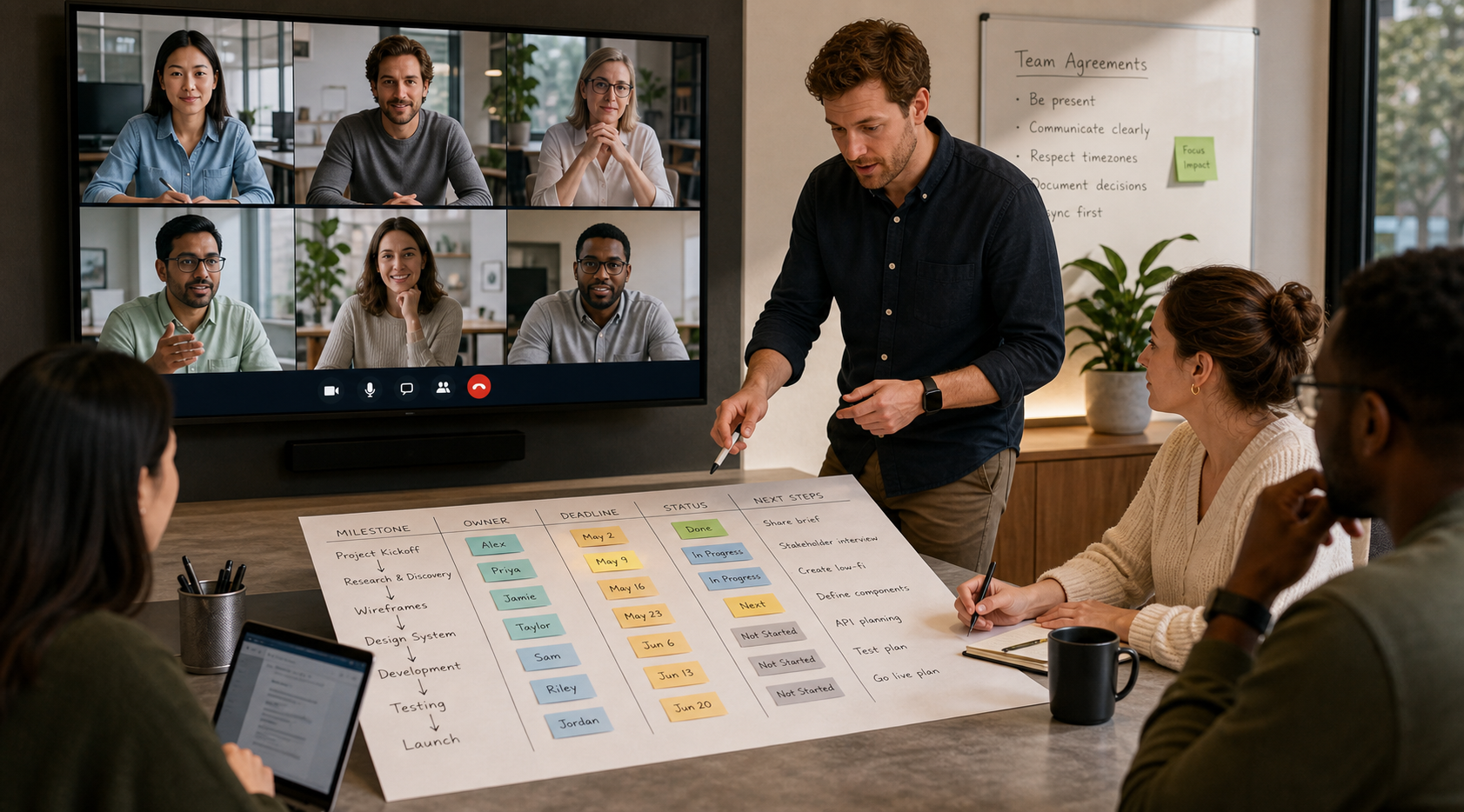 Remote team project management meeting with milestones owners status and deadline planning