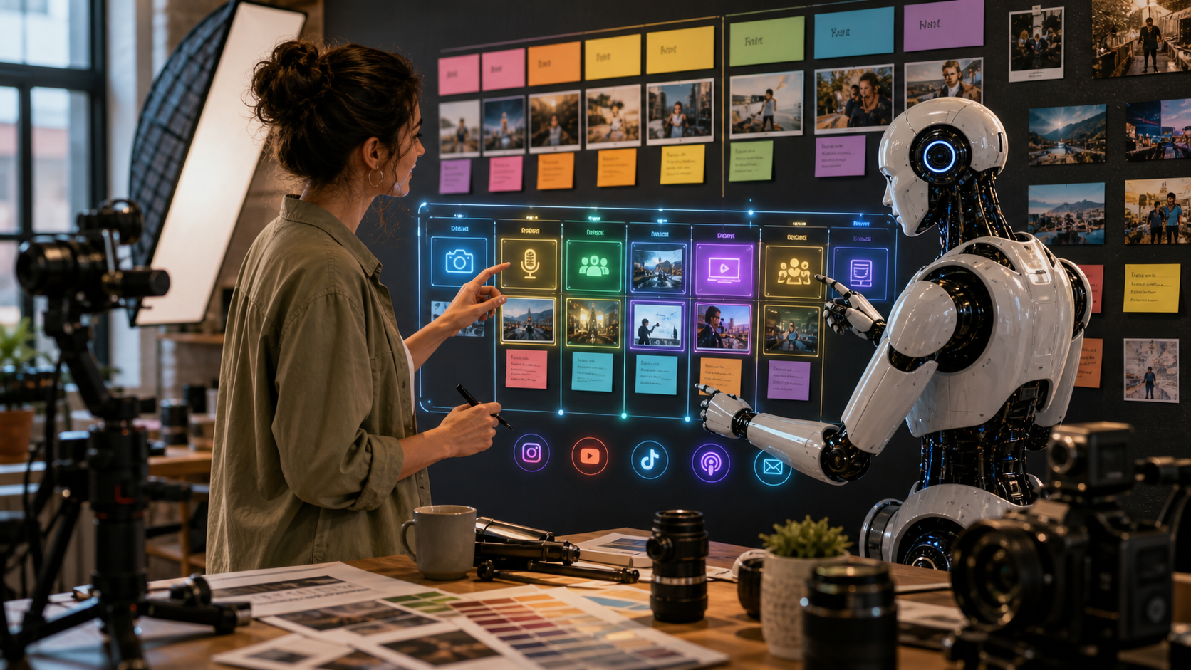 AI creative assistant helping a content creator plan a content calendar and filming strategy