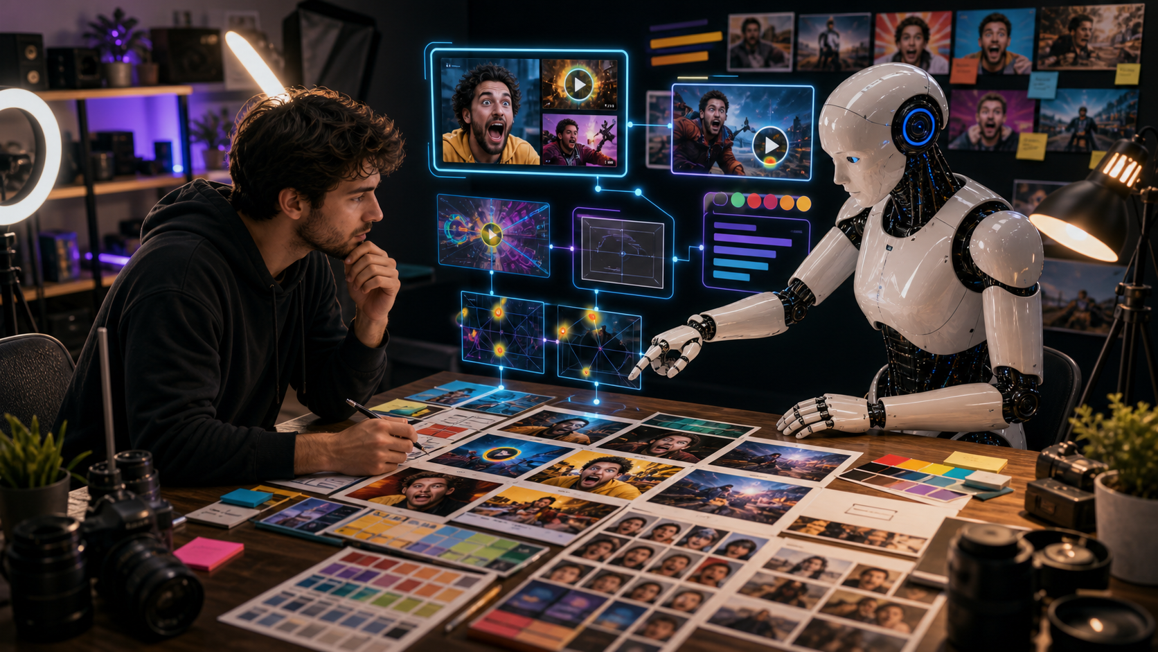 AI creative director helping plan video thumbnails hooks and visual packaging for online video growth