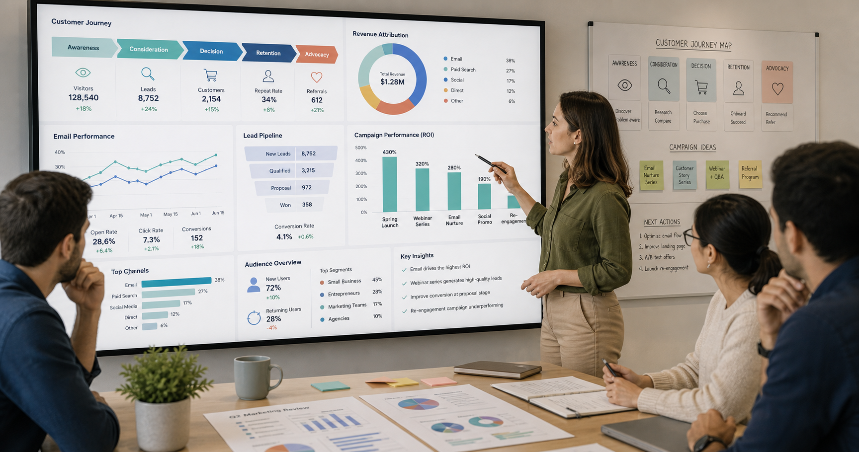 Marketing analytics and CRM customer journey review for small business campaign optimization
