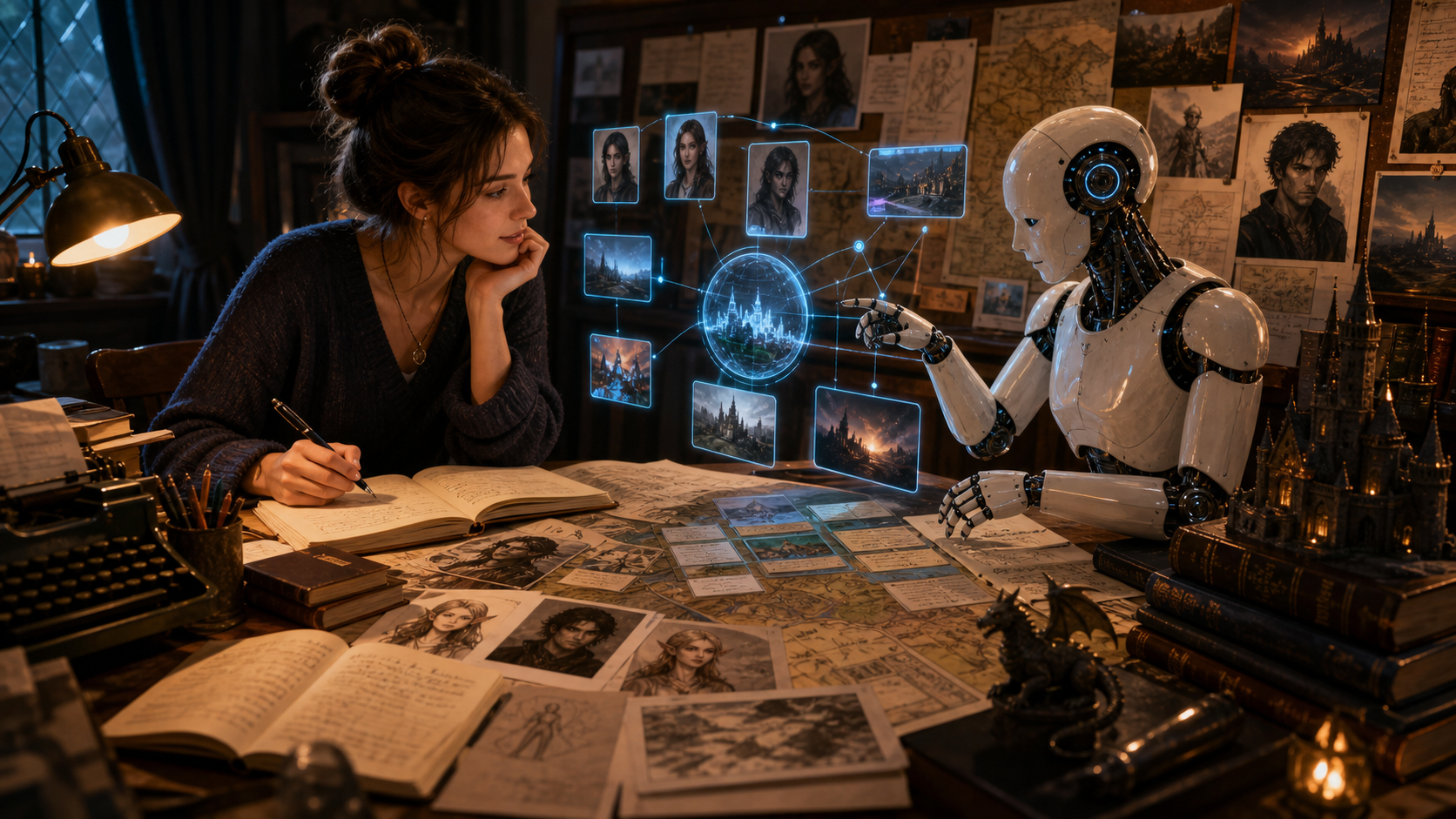 AI story assistant helping a fiction writer develop characters scenes plot arcs and worldbuilding