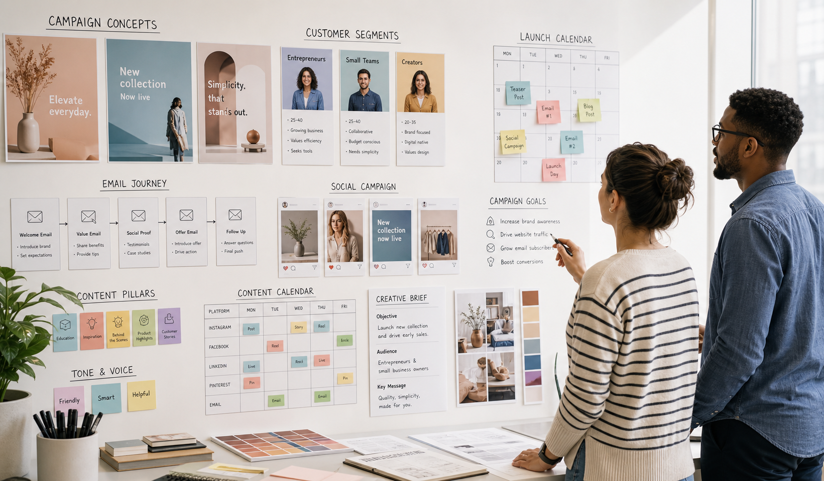Small business marketing campaign wall with email journey customer segments social content calendar and campaign goals