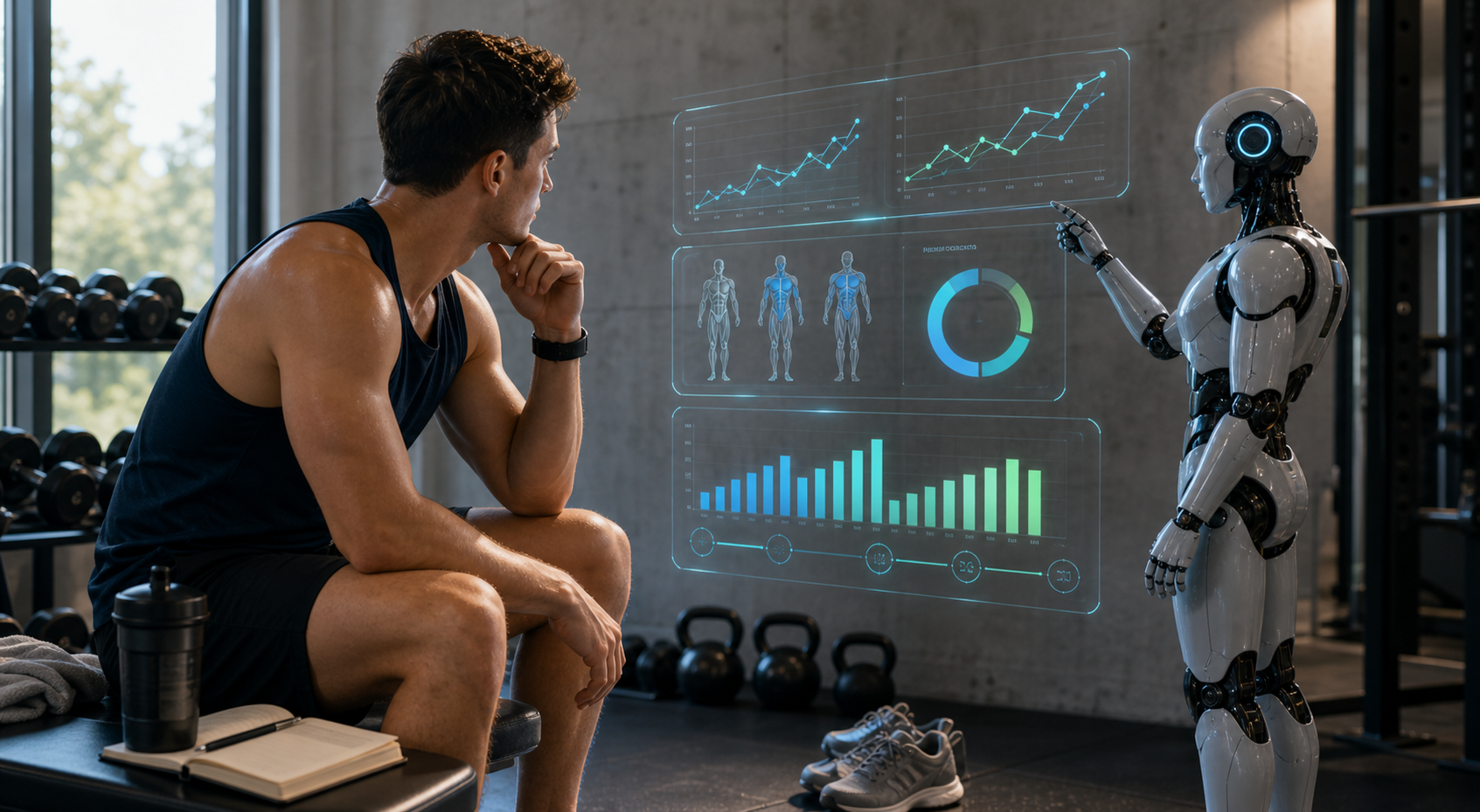 AI fitness coach reviewing workout progress and strength improvement in a training studio