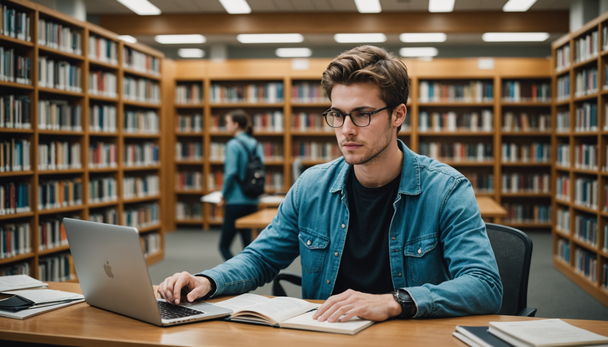 Student researching with AI in university library — Perplexity AI academic research