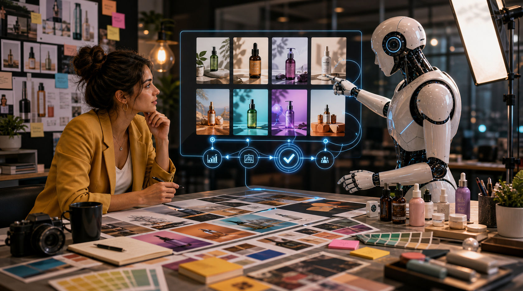 AI creative director helping marketers compare ad creative concepts product mockups and campaign assets