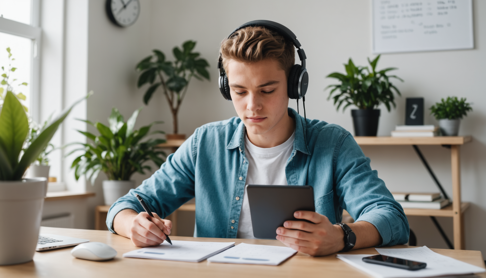 Student using AI tutoring app with headphones — Khanmigo AI study session